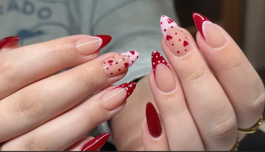 Organic nail salon red floral nail art design