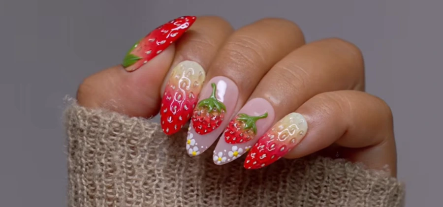 Organic nail salon strawberry nail art design